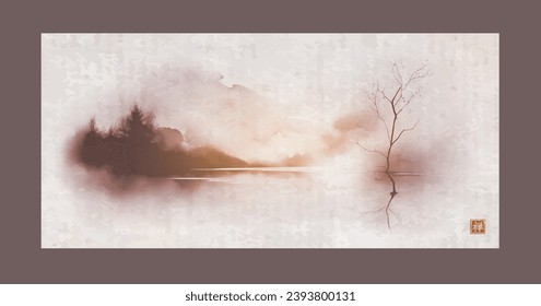 Ink painting of  landscape with trees on misty island on vintage background. Traditional oriental ink painting sumi-e, u-sin, go-hua. Translation of hieroglyph - zen.
