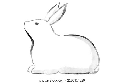 Ink painting, line drawing of a rabbit looking up while sitting