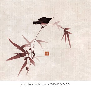 Ink painting of little bird on  bamboo branch. Traditional oriental ink painting sumi-e, u-sin, go-hua. Hieroglyph - zen.