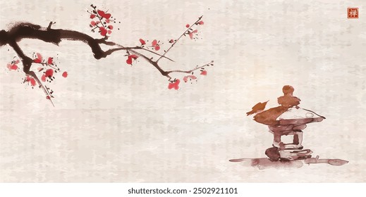 Pintura de la tinta con el pequeño pájaro que se sienta en la vieja linterna de piedra y la rama de la flor del cerezo en fondo de la vendimia. Pintura tradicional japonesa de lavado de tinta sumi-e. Traducción de hieroglyph - zen.