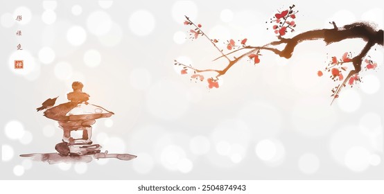 Ink painting with little bird sitting on old stone lantern and cherry blossom branch on white shimmering background. Traditional Japanese ink wash painting sumi-e. Translation of hieroglyph - zen.