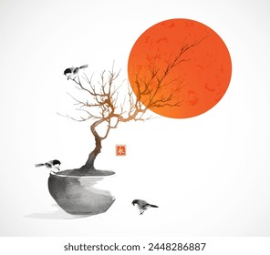 Pintura de tinta con pequeños pájaros, bonsai y gran sol rojo. Tinta oriental tradicional pintura sumi-e, u-sin, go-hua. Jeroglífico - eternidad