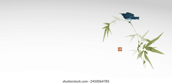Ink painting of a little blue bird on green bamboo branch. Traditional oriental ink painting sumi-e, u-sin, go-hua. Translation of hieroglyph - zen.
