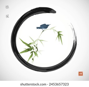 Ink painting of little blue bird on green bamboo branch in black enso zen circle. Traditional oriental ink painting sumi-e, u-sin, go-hua. Hieroglyphs - zen, wind in the spring foliage