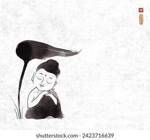 Ink painting with little Buddha in meditation, sheltered beneath a large  leaf on rice paper background. Traditional Japanese ink wash painting sumi-e. Translation of hieroglyph - zen