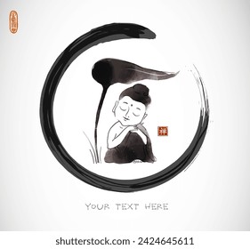 Ink painting with little Buddha in meditation, sheltered beneath a large leaf in black enso zen circle. Traditional Japanese ink wash painting sumi-e. Translation of hieroglyph - zen.