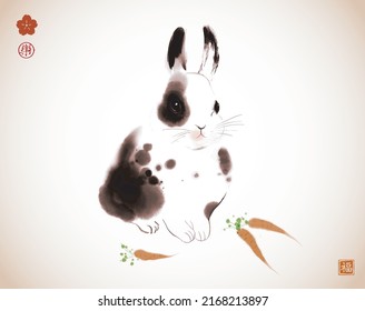 Ink painting of little fluffy rabbit in vintage style. Traditional oriental ink painting sumi-e, u-sin, go-hua. Translation of hieroglyphs - joy, well-being.