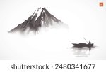 Ink painting of a lone boatman rowing on calm water with a misty mountain in the background. Hieroglyph - eternity.