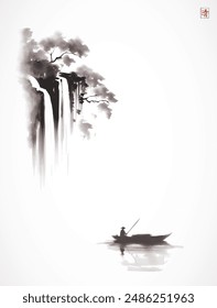 Ink painting of a lone boatman rowing on calm water with a waterfall and trees in the background. Traditional Japanese ink wash painting sumi-e. Hieroglyph - clarity.