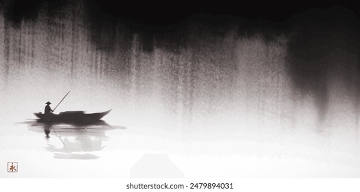 Ink painting of a lone fisherman rowing under the rain on calm water. Traditional oriental ink painting sumi-e, u-sin, go-hua. Translation of hieroglyph - eternity.