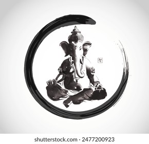Ink painting of Lord Ganesha sitting in a meditative pose with a black enso circle around him. Traditional Japanese ink wash painting sumi-e. Hieroglyph - wisdom