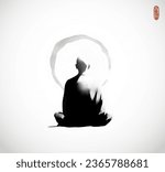 Ink painting of meditating buddhist monk, view from the back. Traditional oriental ink painting sumi-e, u-sin, go-hua on white background.