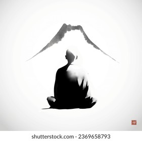 Ink painting of meditating buddhist monk and Fujiyama mountain. Traditional oriental ink painting sumi-e, u-sin, go-hua on white background. Translation of hieroglyph - zen.