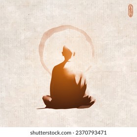 Ink painting of meditating buddhist monk, view from the back. Traditional oriental ink painting sumi-e, u-sin, go-hua on vintage background. 