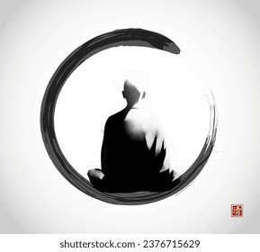 Pintura de tinta de monje budista meditando en círculo negro enso zen. Tinta oriental tradicional sumi-e, u-sin, go-hua sobre fondo blanco. Jeroglífico - claridad.