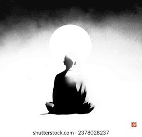 Ink painting of meditating buddhist monk, view from the back. Traditional oriental ink painting sumi-e, u-sin, go-hua. Translation of hieroglyph - zen.