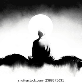 Ink painting of meditating buddhist monk, view from the back. Traditional oriental ink painting sumi-e, u-sin, go-hua