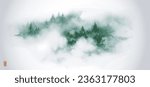Ink painting of misty forest landscape with green trees in fog. Traditional oriental ink painting sumi-e, u-sin, go-hua