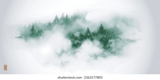 Ink painting of misty forest landscape with green trees in fog. Traditional oriental ink painting sumi-e, u-sin, go-hua