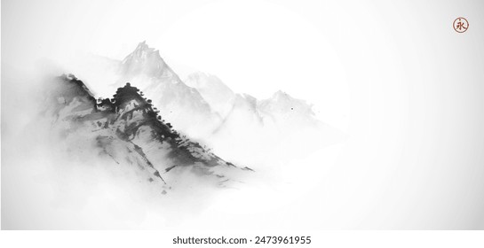 Ink painting with misty mountains. Traditional oriental ink painting sumi-e, u-sin, go-hua. Hieroglyph - eternity