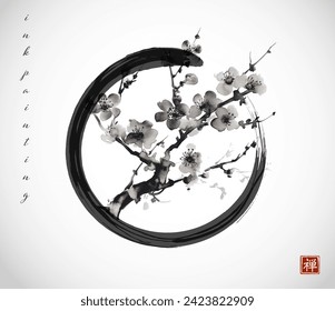 Pintura de tinta de la rama monocromática de sakura en círculo negro enso zen. Pintura tradicional japonesa de tintas sumi-e. Traducción de jeroglífico - zen.