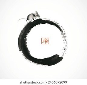 Ink painting of a mouse on enso zen brushstroke circle. Traditional oriental ink painting sumi-e, u-sin, go-hua. Translation of hieroglyph - joy