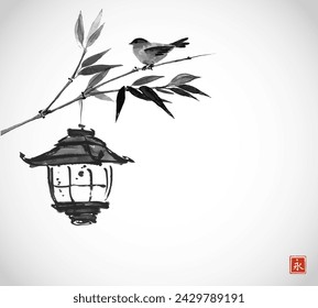 Ink painting with old japanese lantern hanging on bamboo tree and accompanied with little bird. Traditional Japanese ink wash painting sumi-e. Translation of hieroglyph - eternity.