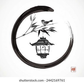 Ink painting with old japanese lantern hanging on bamboo tree and accompanied with little bird in black enso zen circle. Traditional Japanese ink wash painting sumi-e. Hieroglyph - eternity.