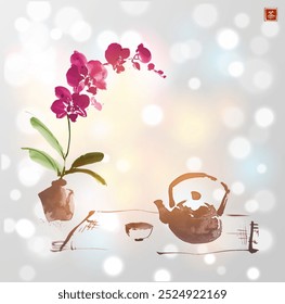 Ink painting of orchid flowers, teapot and cups. Traditional tea ceremony scene. Ooriental ink painting sumi-e, u-sin, go-hua on white shimmering background. Hieroglyph - tea