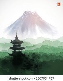 Ink painting of pagoda temple, misty hills with green trees and the majestic Mount Fuji. Traditional oriental ink painting sumi-e, u-sin, go-hua. Translation of hieroglyph - eternity.
