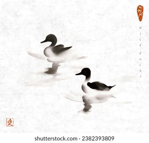 Ink painting with a pair of ducks gliding across serene waters on rice paper background. Traditional oriental ink painting sumi-e, u-sin, go-hua in simple minimalist style. Hieroglyph - love.