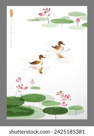 Ink painting with a pair of ducks gliding gracefully across serene waters and vibrant pink lotus flowers. Traditional oriental ink painting sumi-e, u-sin, go-hua