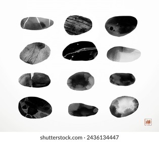 Ink painting of pebble stones on white background. Traditional oriental ink painting sumi-e, u-sin, go-hua. Translation of hieroglyph - zen.