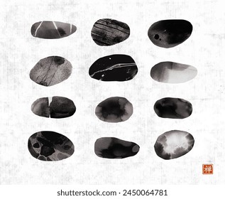 Ink painting of pebble stones on rice paper background. Traditional oriental ink painting sumi-e, u-sin, go-hua. Translation of hieroglyph - zen.