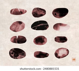 Ink painting of pebble stones on vintage background. Traditional oriental ink painting sumi-e, u-sin, go-hua. Translation of hieroglyph - zen.