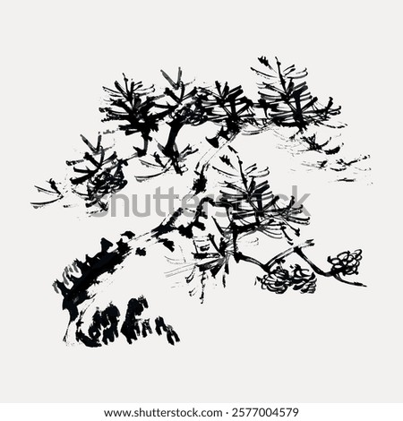 Ink painting of a pine tree, showcasing traditional Asian art style. Black ink strokes form a detailed pine tree, emphasizing nature and artistic expression. Vintage botanical illustration, vector.