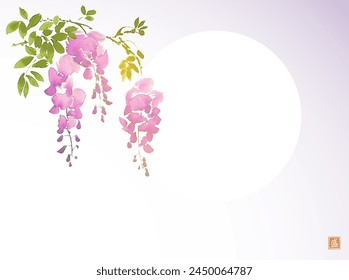 Ink painting of pink wisteria flowers and big sun. Traditional oriental ink painting sumi-e, u-sin, go-hua. Hieroglyph - bloom