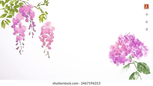 Ink painting with pink wisteria and hydrangea blossoms on white. Traditional oriental ink painting sumi-e, u-sin, go-hua. Hieroglyphs - peace, tranquility, clarity, beauty.