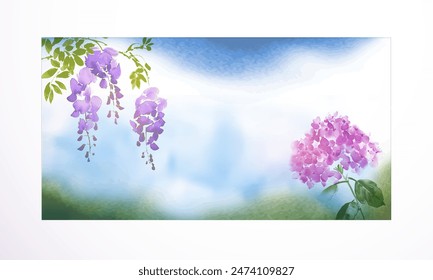 Ink painting of  pink wisteria and hydrangea blossoms with blue sky and white clouds on background. Traditional oriental ink painting sumi-e, u-sin, go-hua.