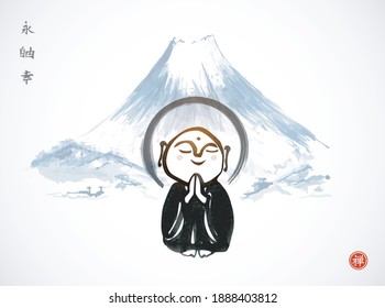 Ink painting of praying japanese boddhisattva Jizo and Fujiyama mountain. Traditional Japanese ink wash painting of Buddha sumi-e. Translation of hieoglyphs  - eternity, freedom, happiness, zen.