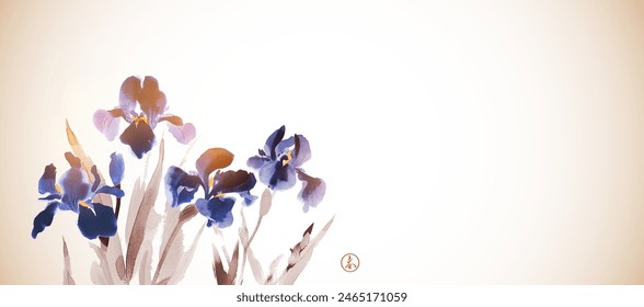 Ink painting of purple iris flowers. Traditional oriental ink painting sumi-e, u-sin, go-hua in vintage style. Hieroglyph - spring.