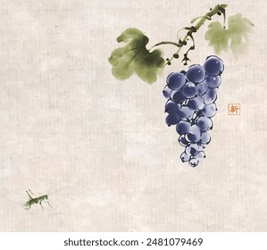 Ink painting of rapes in blue tones hanging from a vine with leaves and small grasshopper on vintage background. Traditional oriental ink painting sumi-e, u-sin, go-hua. Hieroglyph - fresh.