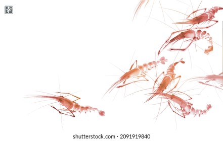 Ink painting of red ocean shrimps in minimalist style. Traditional oriental ink painting sumi-e, u-sin, go-hua. Hieroglyph - happiness.