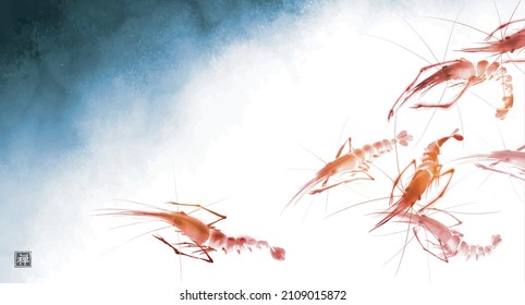 Ink painting of red shrimps in blue water. Traditional oriental ink painting sumi-e, u-sin, go-hua. Translation of hieroglyph - zen.