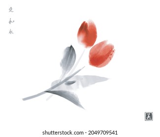 Ink painting with red tulips on white background. Traditional Japanese ink wash painting sumi-e. Translation of hieroglyphs - eternal peace and harmony, beauty.