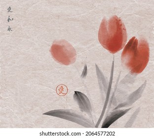 Ink painting with red tulips on vintage background. Traditional oriental ink painting sumi-e, u-sin, go-hua. Translation of hieroglyphs - eternal harmony and love.