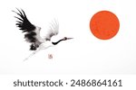 Ink painting of a red-head japanese crane and big red sun. Traditional oriental ink painting sumi-e, u-sin, go-hua. Hieroglyph - wind.