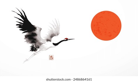 Ink painting of a red-head japanese crane and big red sun. Traditional oriental ink painting sumi-e, u-sin, go-hua. Hieroglyph - wind.