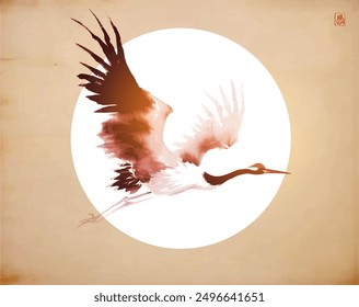 Ink painting of a red-head japanese crane flying against the backdrop of the big sun on vintage background. Traditional oriental ink painting sumi-e, u-sin, go-hua. Hieroglyph - wind.