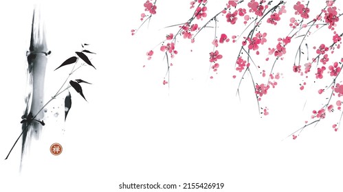 Pintura de tinta con flor de sakura y bambú sobre fondo blanco. Tinta oriental tradicional sumi-e, u-sin, go-hua. Traducción de jeroglífico - zen.